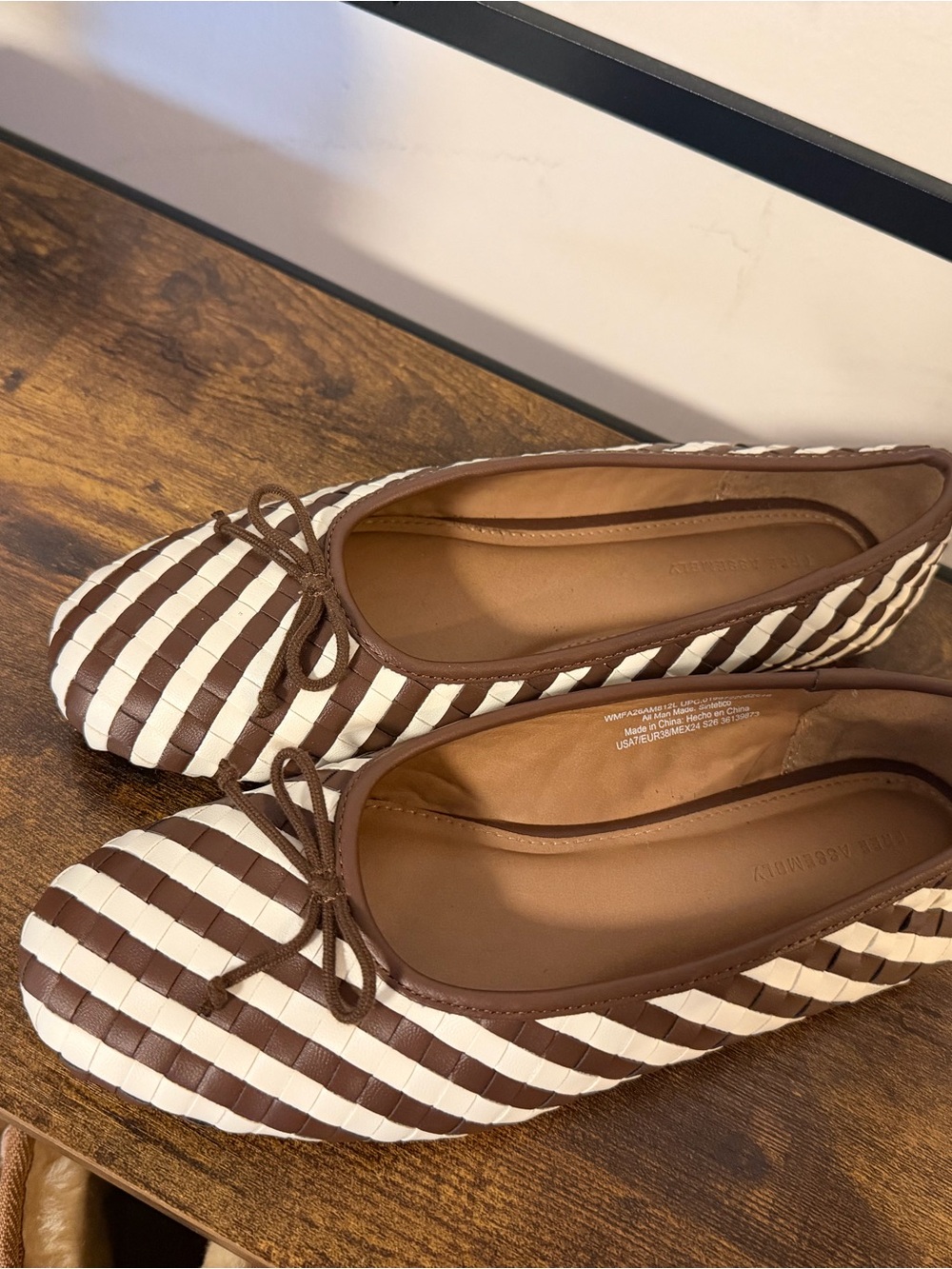 Striped Brown and White Women's Ballet Flats with Bow